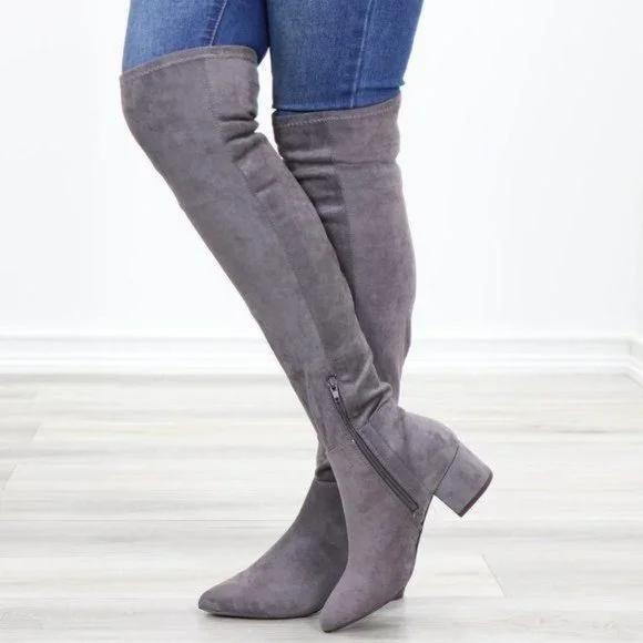 Pointy Toe Over The Knee Gray Boots Faux Suede - Picture 8 of 12